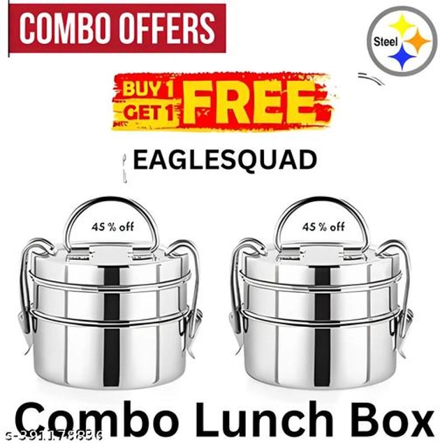 Stainless Steel 2 Layer Lunch Box (Silver, Pack of 2)