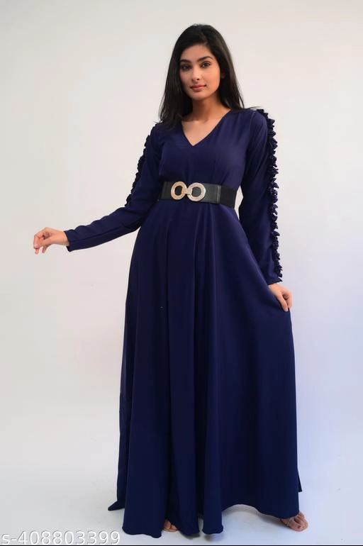 Crepe Solid Gown for Women (Navy Blue, XS)