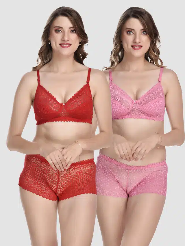 Lingerie Set for Women (Pack of 2) (Red & Baby Pink, 34) (A-2240)