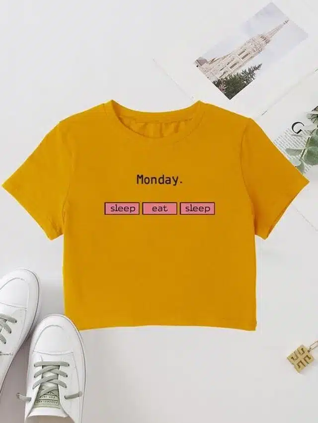 Printed Crop T-shirt for Women (Mustard, L)