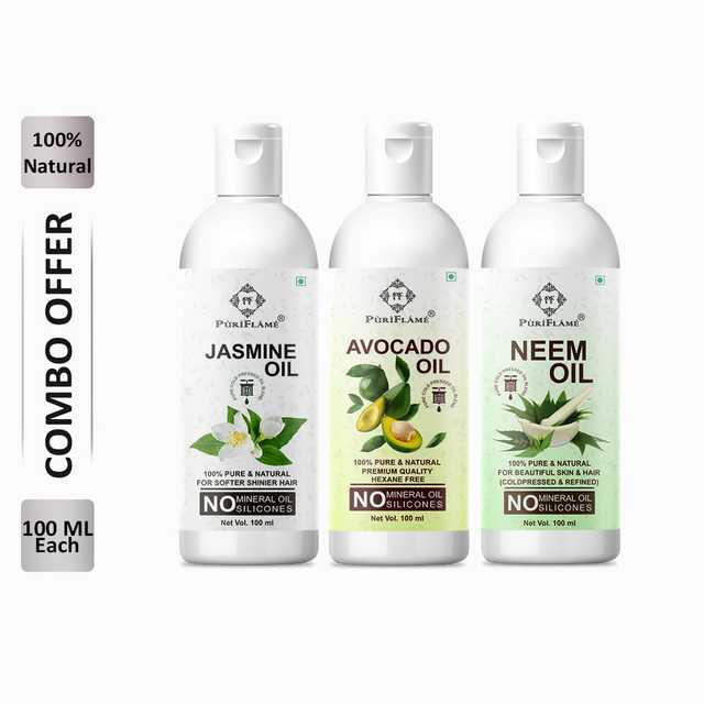 PuriFlame Pure Jasmine Oil (100 ml) & Avocado Oil (100 ml) & Neem Oil (100 ml) Combo For Rapid Hair Growth (Pack Of 3) (B-4709)