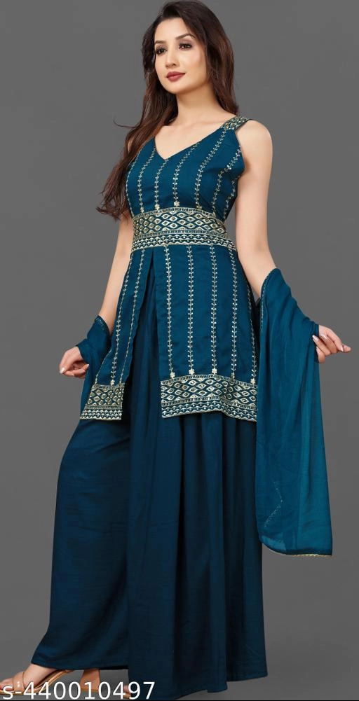 Rayon Embroidered Kurti with Sharara & Dupatta for Women (Teal, S)