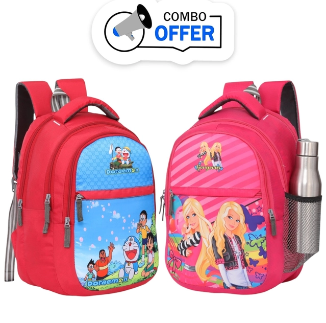 Polyester Cartoon Theme School Bag for Kids (Multicolor, 25 L) (Pack of 2)