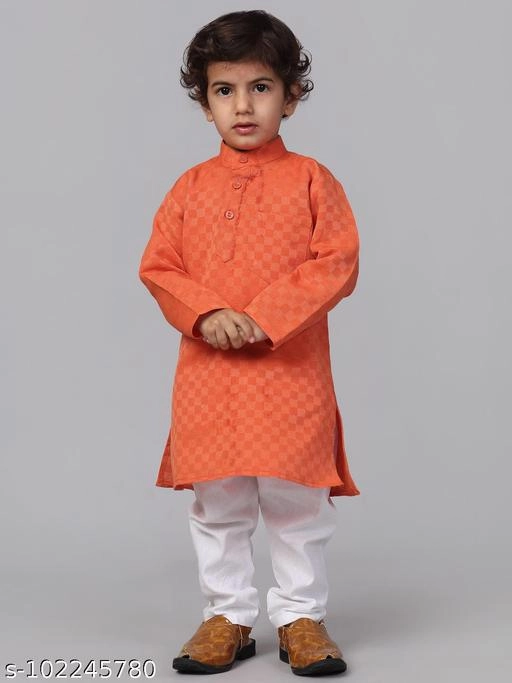 Cotton Kurta with Pyjama for Boys (Orange & White, 9-12 Months)