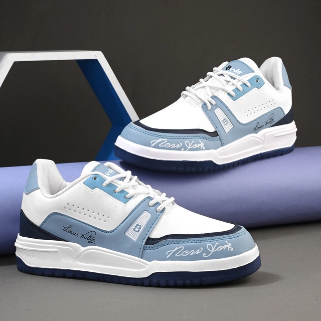 Rexine Casual Shoes for Men (Sky Blue & White, 6)