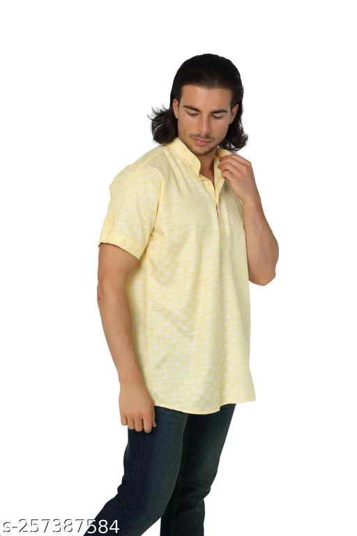 Cotton Blend Printed Short Kurta for Men (Beige, S)