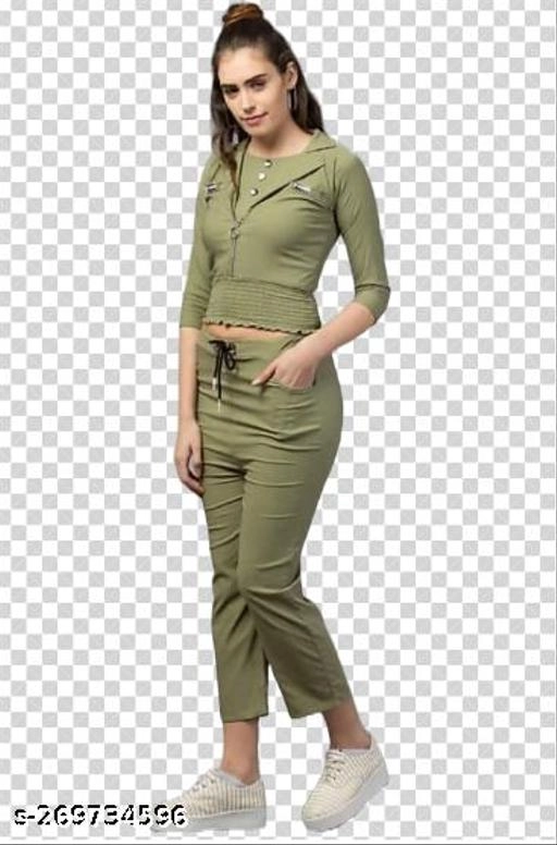 Cotton Blend Solid Top & Bottom Set for Women (Olive, L)