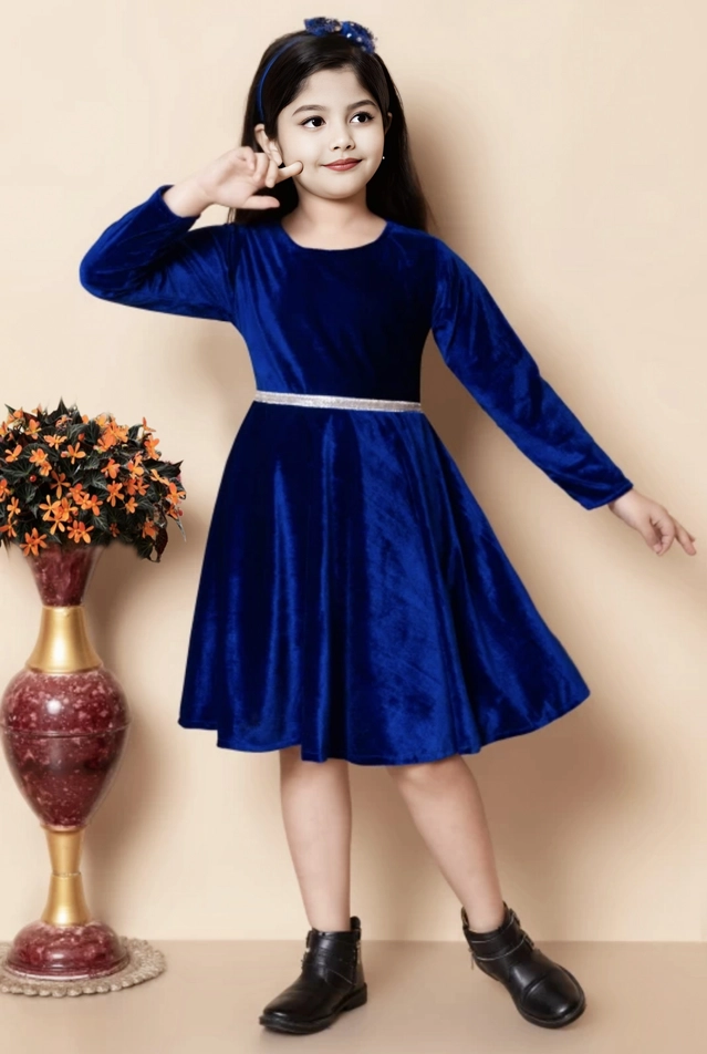 Velvet Solid Dress for Girls (Navy Blue, 0-3 Months)