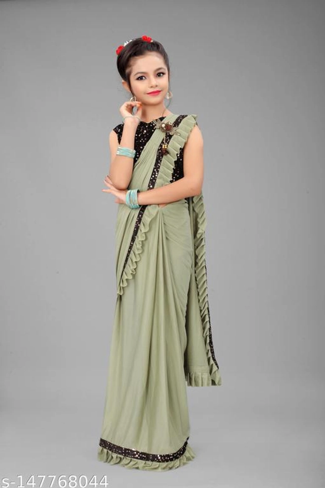 Solid Fancy Saree for Girls with Blouse (Mint Green, 3-4 Years)