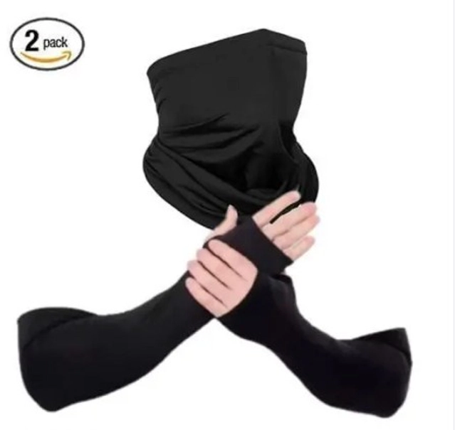 Cotton Arm Sleeves with Bandana Face Mask for Men & Women (Black, Set of 2)