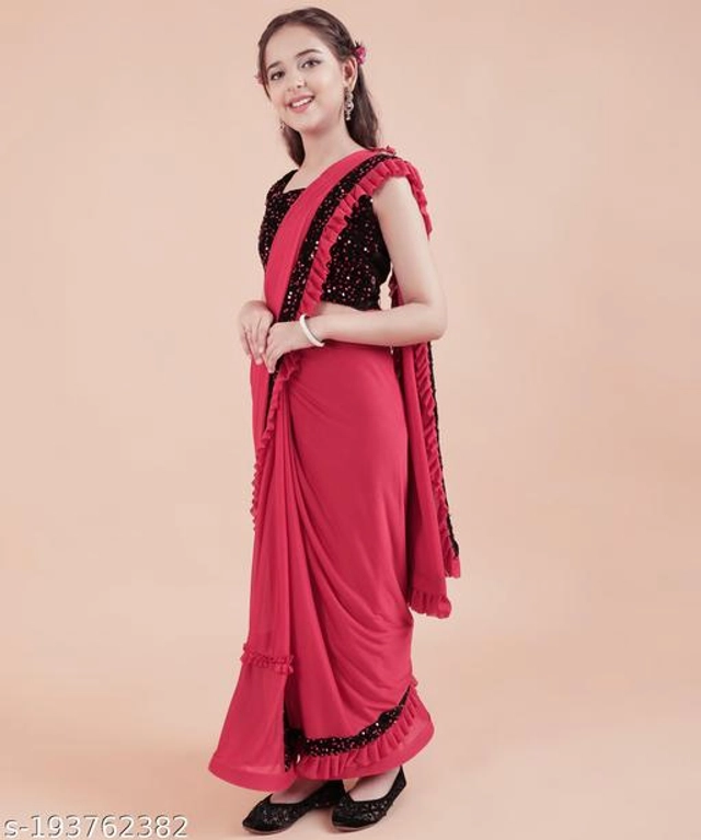 Solid Fancy Saree for Girls with Blouse (Red, 3-4 Years)