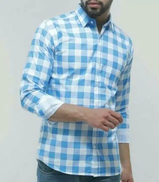 Full Sleeves Checkered Shirt for Men (Aqua Blue, M)