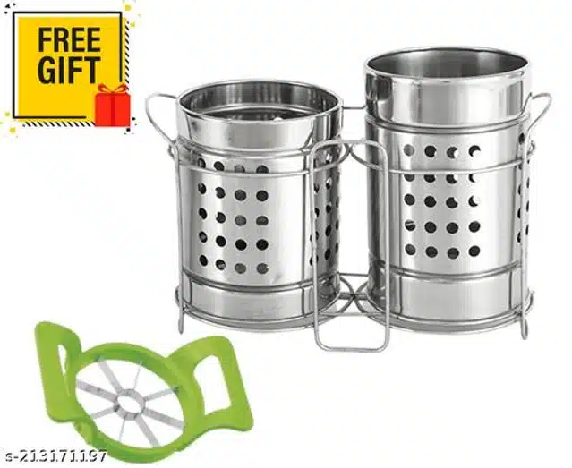 Stainless Steel Twin Cutlery Rack with Fruit Cutter (Green & Silver, Set of 2)