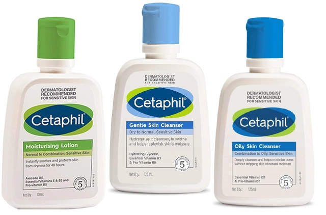 Cetaphil Gentle & Oily Skin Cleanser (125 ml, Pack of 2) with Skin Moisturizer Lotion (100 ml) (Set of 3)