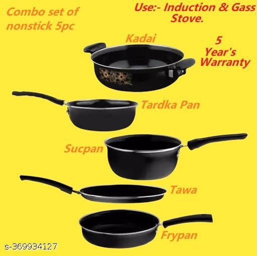 Combo of Sauce Pan, Tadka Pan, Fry Pan, Tawa & Kadai (Black, Set of 5)