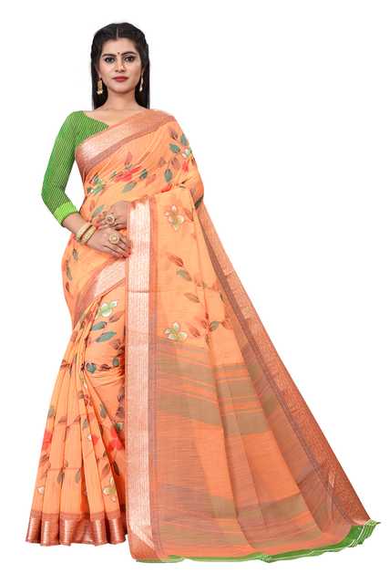 Trendy Cotton Linen Blend Saree With Blouse Piece For Women (Orange, 6.3 m) (M-2166)