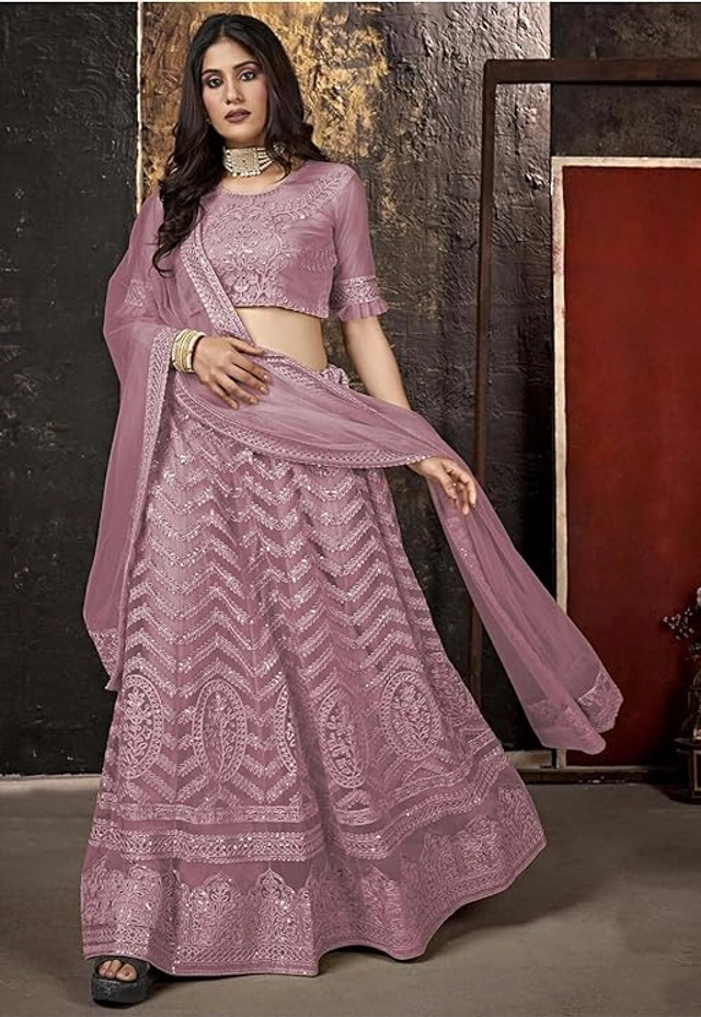 Net Embroidered Semi Stitched Lehenga for Women (Pink)