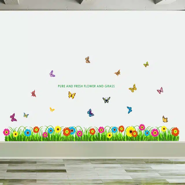 Green Fresh Scenario with Grass and Butterflies Self Adhesive Wall Stickers