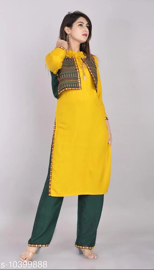 Rayon Slub Solid Kurti with Palazzo for Women (Yellow, M)