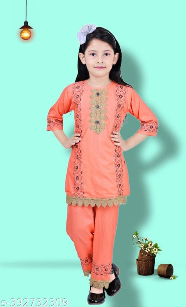 Rayon Printed Kurta with Pant for Girls (Peach, 4-5 Years)