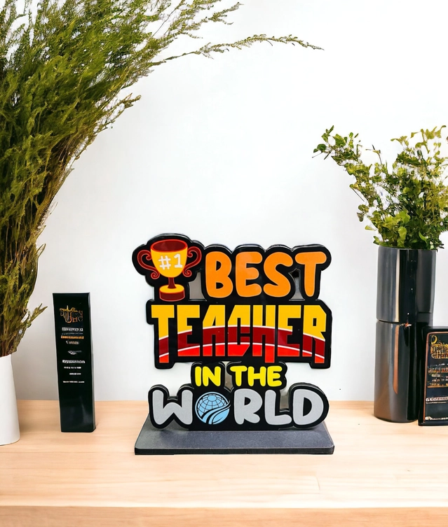 Wooden Handcrafted Best Teacher In The World Trophy Gifts (Multicolor, 14.5 cm)