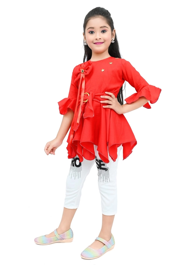 Cotton Blend Solid Cloting Set for Girls (Red & White, 1-2 Years)