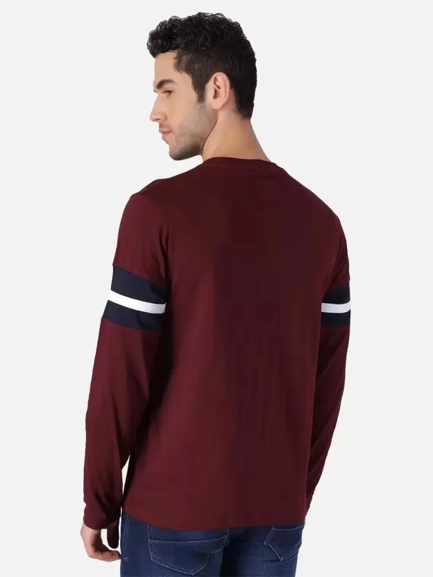 Round Neck Colorblocked T-Shirt for Men (Maroon & Blue, S)