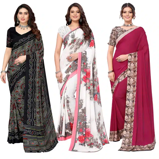 Women's Designer Floral Printed Saree with Blouse Piece (Pack of 3) (Multicolor) (SD-1)