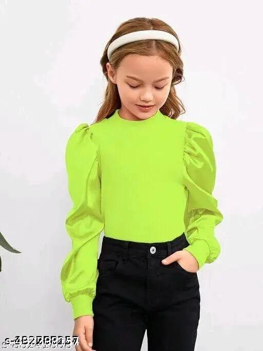 Cotton Blend Solid Top for Girls (Green, 3-4 Years)