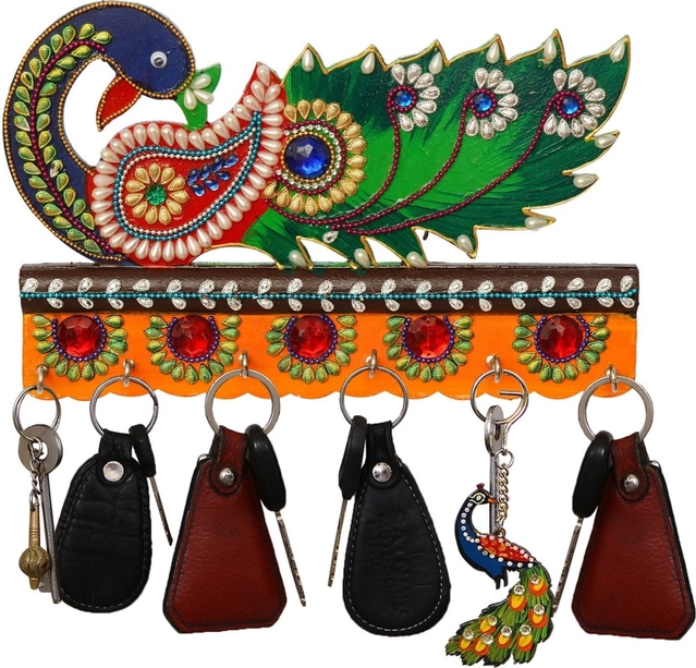 CAPIO ART Premium Peacock Wood Key Holder (6 Hooks) (Multicolor) (Pack of 1)