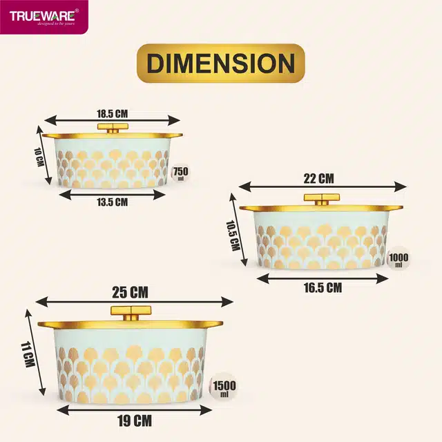 Combo of 750 ml, 1000 ml & 1500 ml Casserole with Lid (Gold & Light Green, Pack of 3)