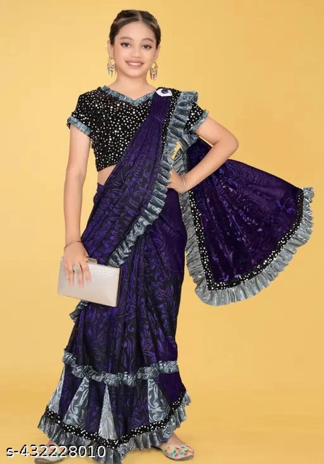 Self-Design Fancy Saree for Girls with Blouse (Blue, 3-4 Years)