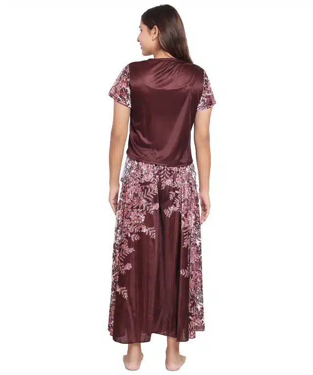 Satin Printed Night Suit for Women (Brown, S)