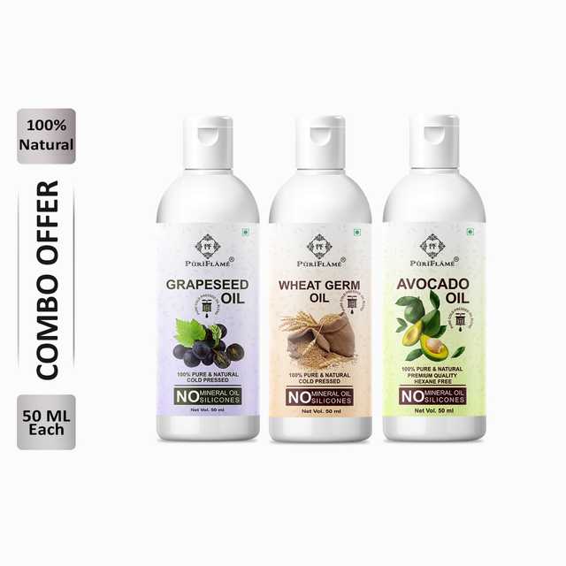 Puriflame Pure Grapeseed Oil (50 ml), Wheat Germ Oil (50 ml) & Avocado Oil ( 50 ml) Combo for Rapid Hair Growth (Pack Of 3) (B-11044)