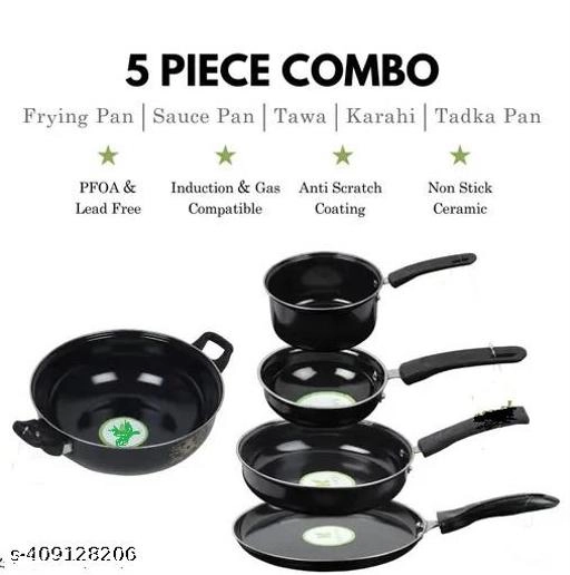 Combo of Sauce Pan, Tadka Pan, Fry Pan, Tawa & Kadai (Black, Set of 5)