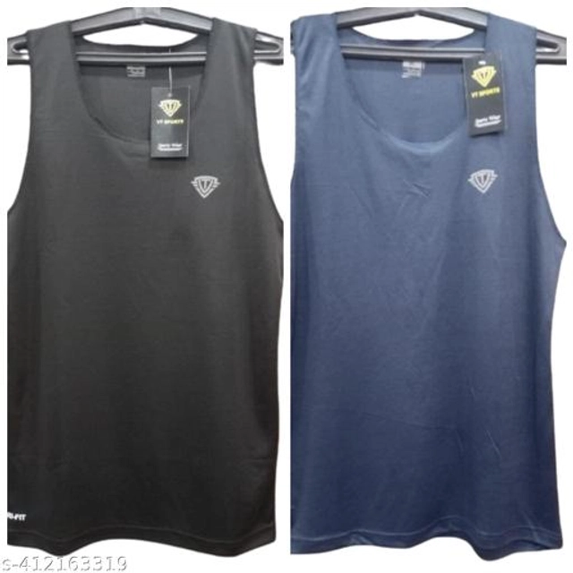 Polyester Gym Vests for Men (Black & Blue, S) (Pack of 2)