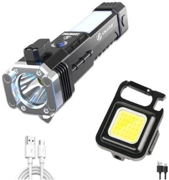 Rechargeable Torch with Mini Flashlight (Black, Set of 2)