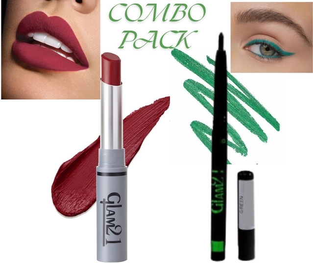 Glam21 Matte Non Transfer Lipstick with Sharpener & Glam21 Waterproof Kajal (Maroon & Green, Set of 2)