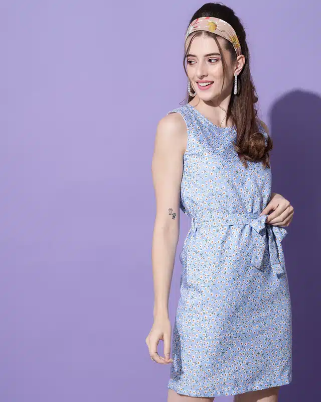 Women's Floral Printed Sleeveless Midi Dress  (Blue, S)