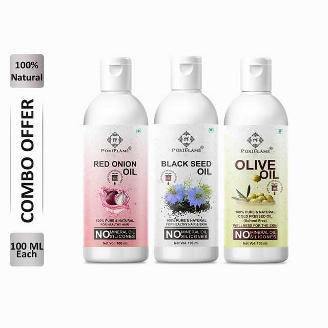 PuriFlame Pure Red Onion Oil (100 ml) & Blackseed Oil (100 ml) & Olive Oil (100 ml) Combo For Rapid Hair Growth (Pack Of 3) (B-6798)