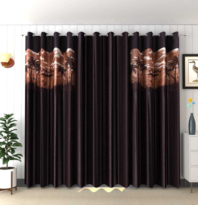 Polyester Room Darkening Printed Door Curtains (Brown, 7 Feet) (Set of 3)