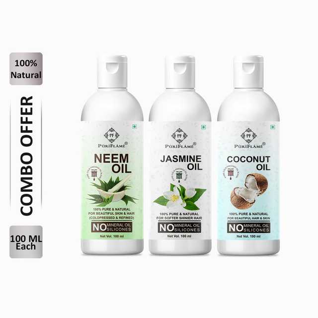 PuriFlame Pure Neem Oil (100 ml) & Jasmine Oil (100 ml) & Coconut Oil (100 ml) Combo For Rapid Hair Growth (Pack Of 3) (B-5856)