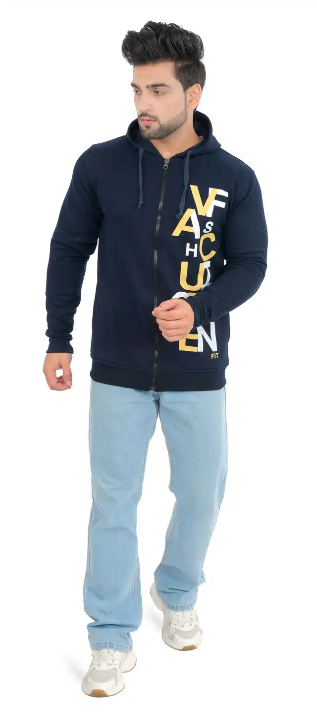 Men's Printed Hooded Sweatshirt (Navy Blue, L) (SS-40)
