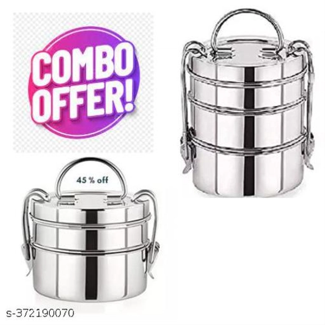 Stainless Steel 3 Layer Lunch Box (Silver, Pack of 2)