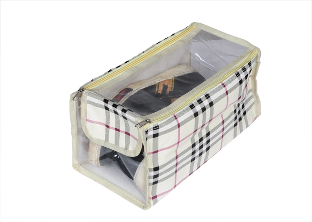 Portable Canvas Checkered Shoe Storage Bag (White)