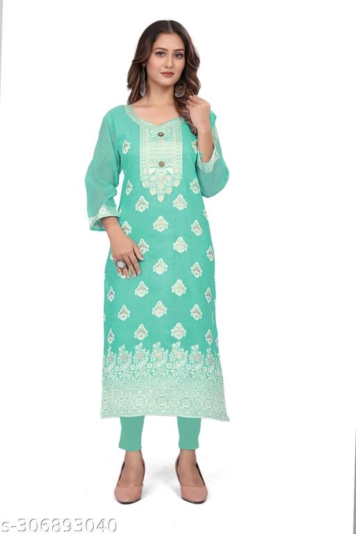 Cotton Embroidered Kurti for Women (Sea Green, L)