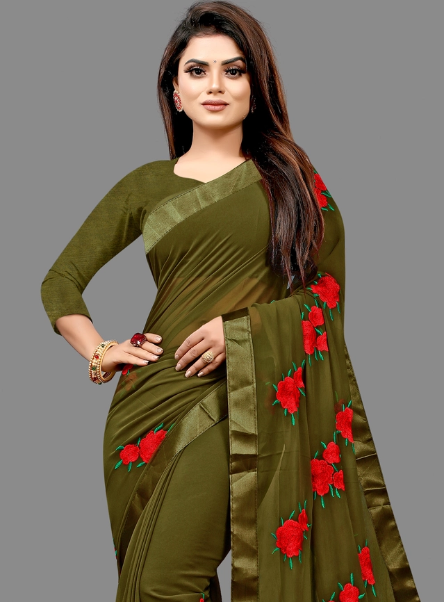 Georgette Embroidered Saree for Women (Olive, 6.3 m)