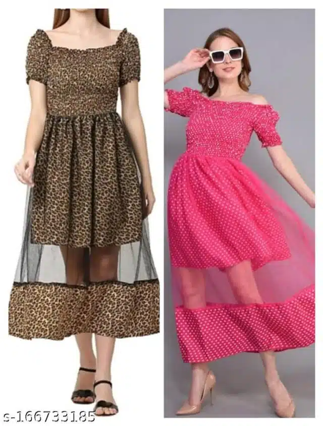 Crepe Half Sleeves Dress for Women (Brown & Pink, M)
