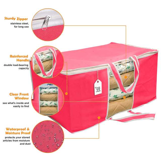 E-Retailer Non Woven Underbed Storage Organiser Blanket Cover Bag with Transparent Window and Side Handle for Quilt Clothes (Pink, 61x43x36 cm) (Pack of 2) (ER_0120)