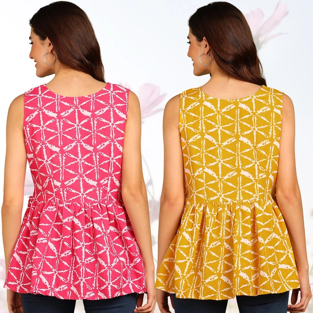 Rayon Printed Flared Top for Women (Pink & Yellow, S) (Pack of 2)